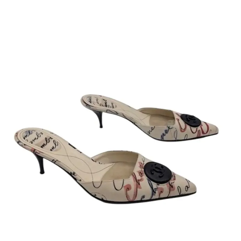 Vintage Y2K Chanel Script-Print CC Logo Women’s Mules Size 38 - Picture 4 of 15